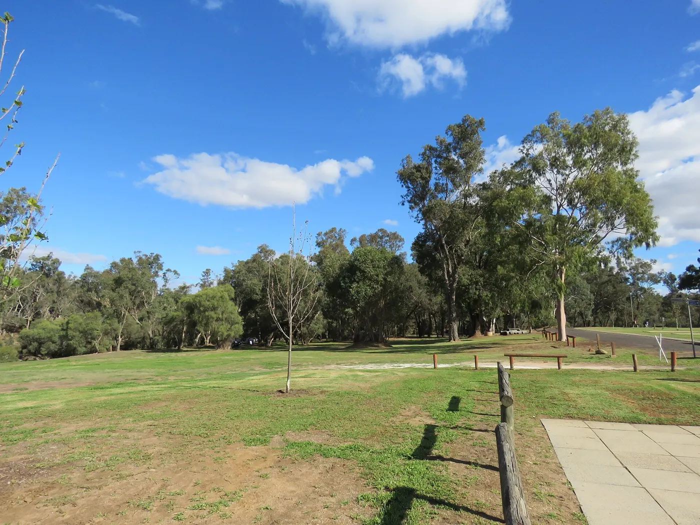 A grassy caravan park among gum trees at Boyup Brook, Western Australia